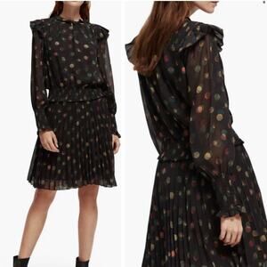 Scotch & Soda Smocked Ruffle Printed Polka Dot Midi Long Sleeve Dress sz L